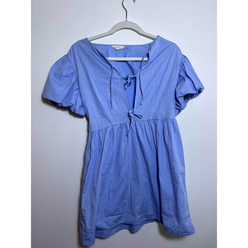 Sim & Sam Blue Puff Sleeve Tie Front Babydoll Mini Dress Cotton Cottagecore